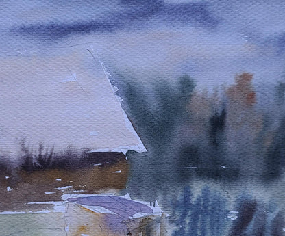 Watercolor painting of snow-covered roof by Boris Serdyuk