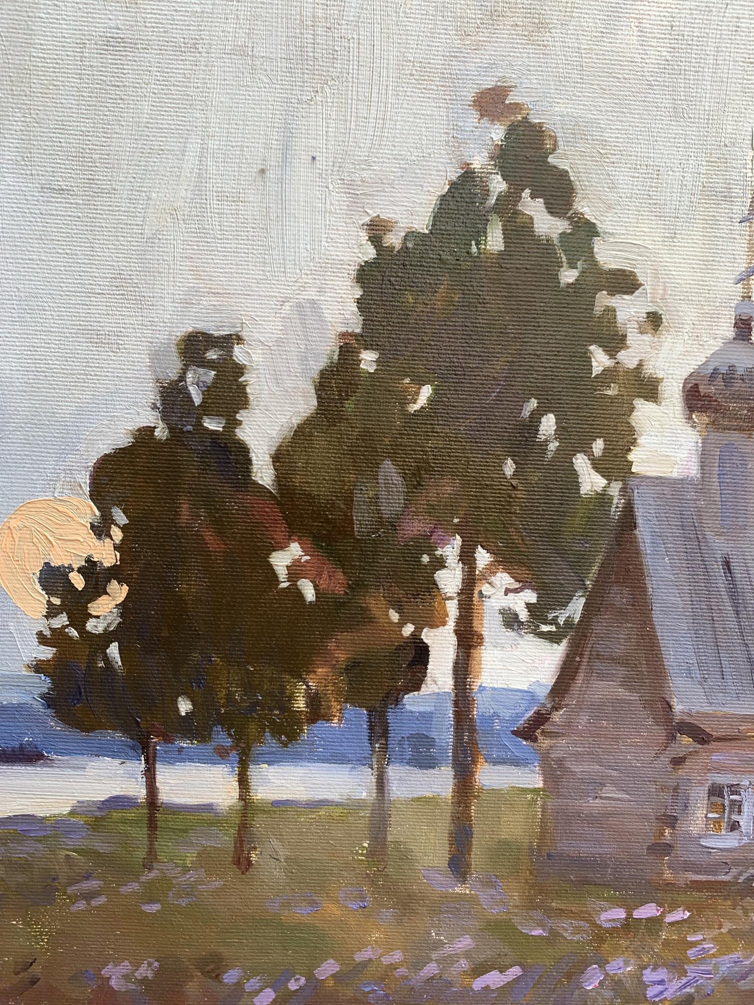 Oil painting Temple by Tatyana Derdey: dark green trees, pale sky