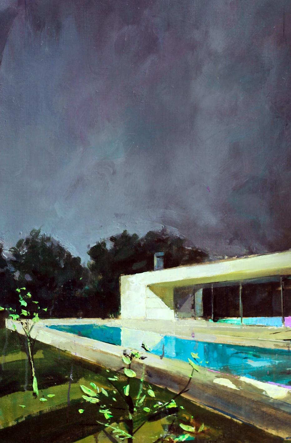 Modern white concrete house with blue pool, oil painting by Ed Potapenkov