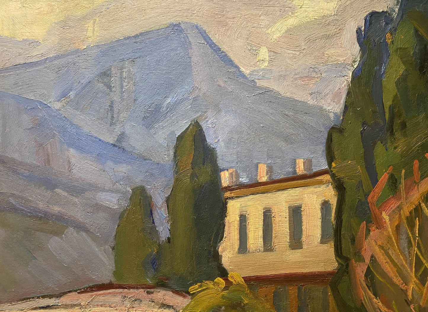 Oil painting by Nikolai Hrustalenko: cream building, red roof amid cypresses and misty mountains