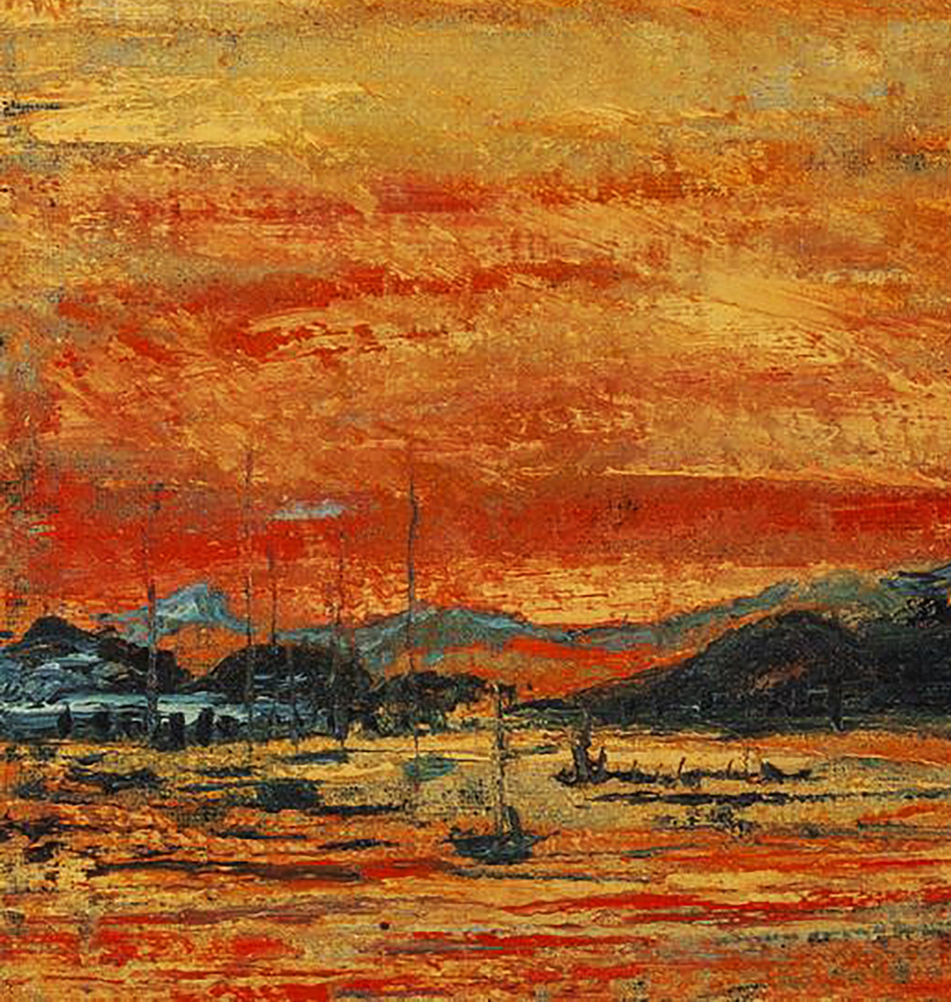 Vibrant orange red sunset over mountains and silhouetted boats by Serhiy Kovalev