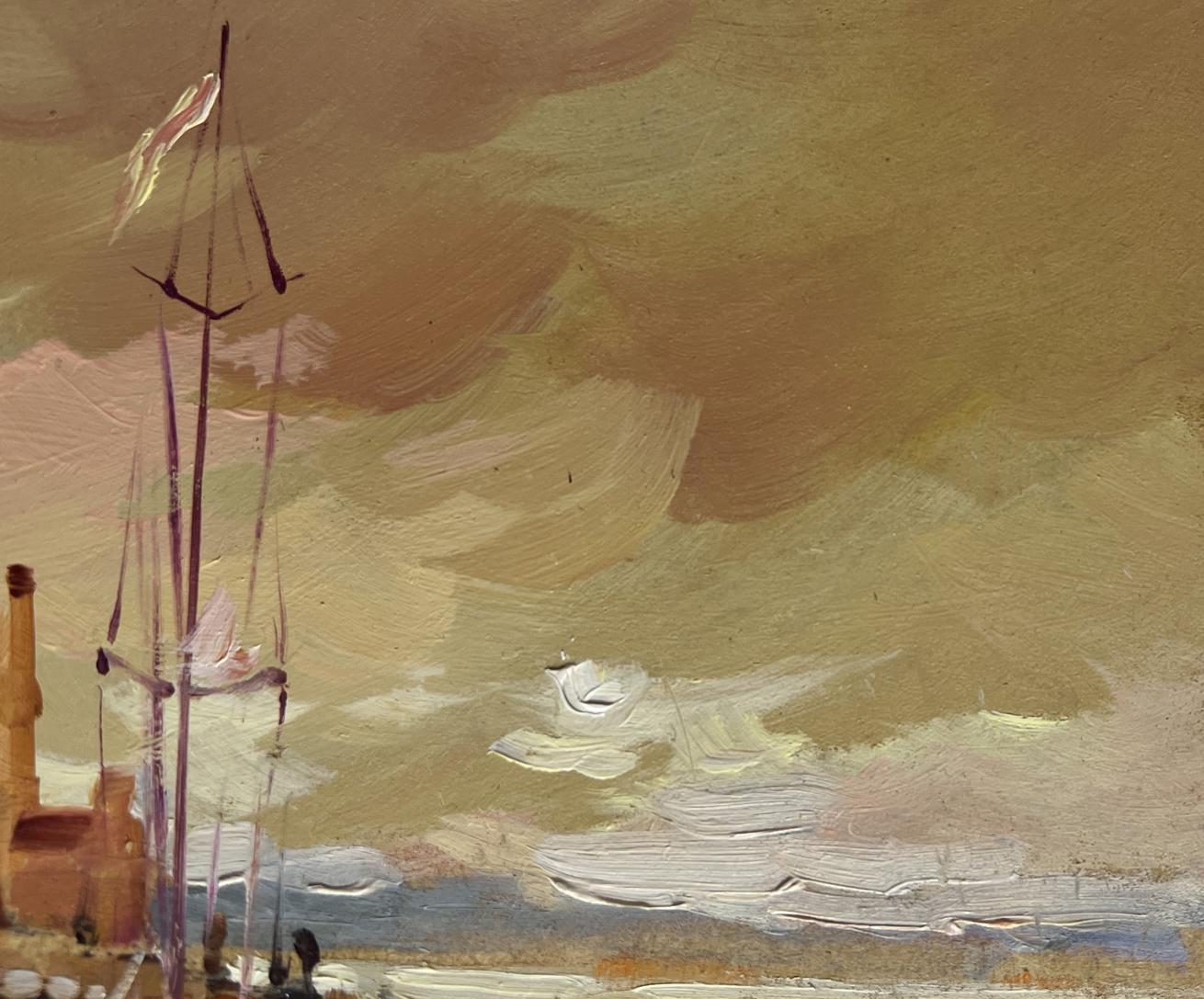 Oil painting of sailboat with dark masts as sun sinks into sea by Yuriy Suprunchuk