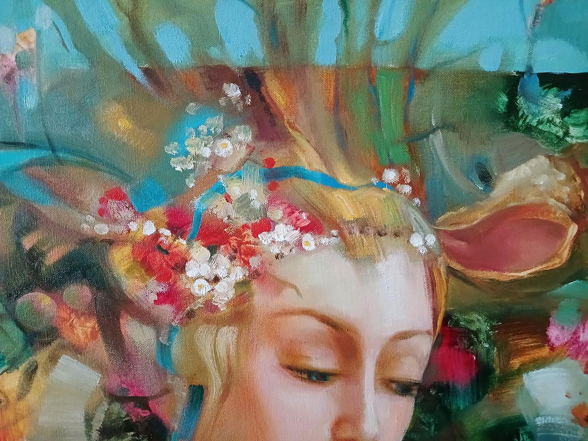 Abstract oil painting of blonde woman in white rose floral crown by Anatoly Tarabanov