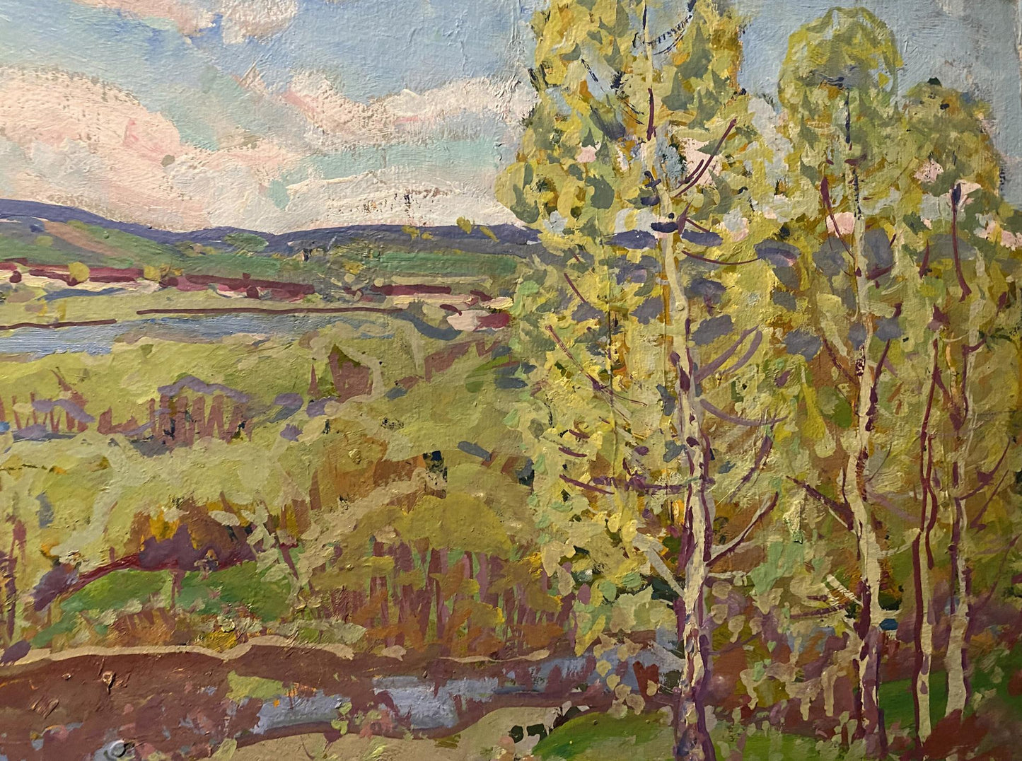 Oil painting Evening by Georgy Kolosovsky: impressionist trees in blue sky