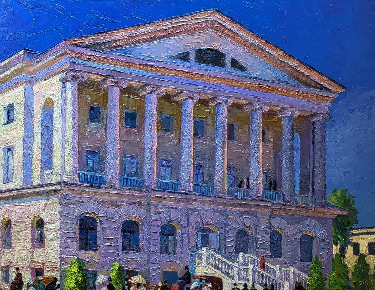 Oil painting of grand neoclassical estate outside city by Boris Serdyuk