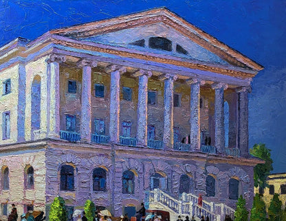 Oil painting of grand neoclassical estate outside city by Boris Serdyuk