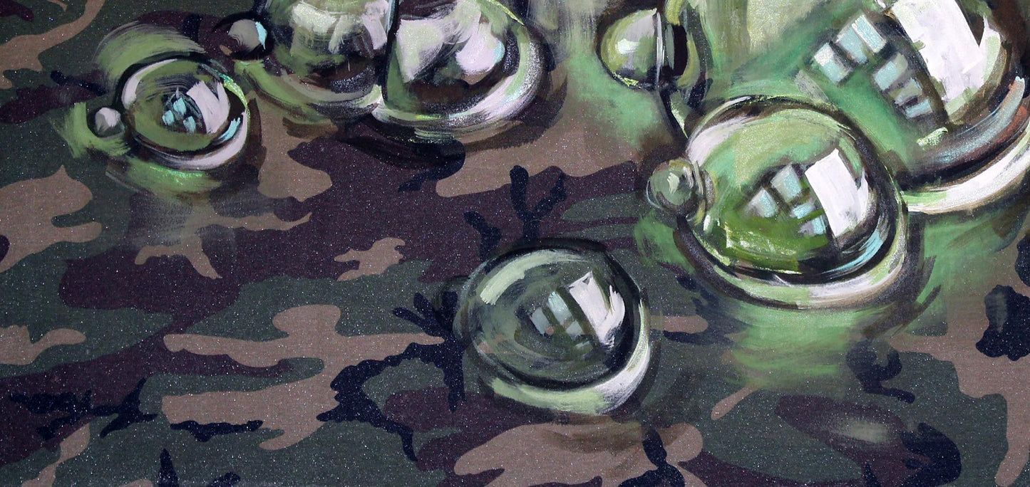 Shiny metallic bubbles oil painting by Ed Potapenkov on camo background