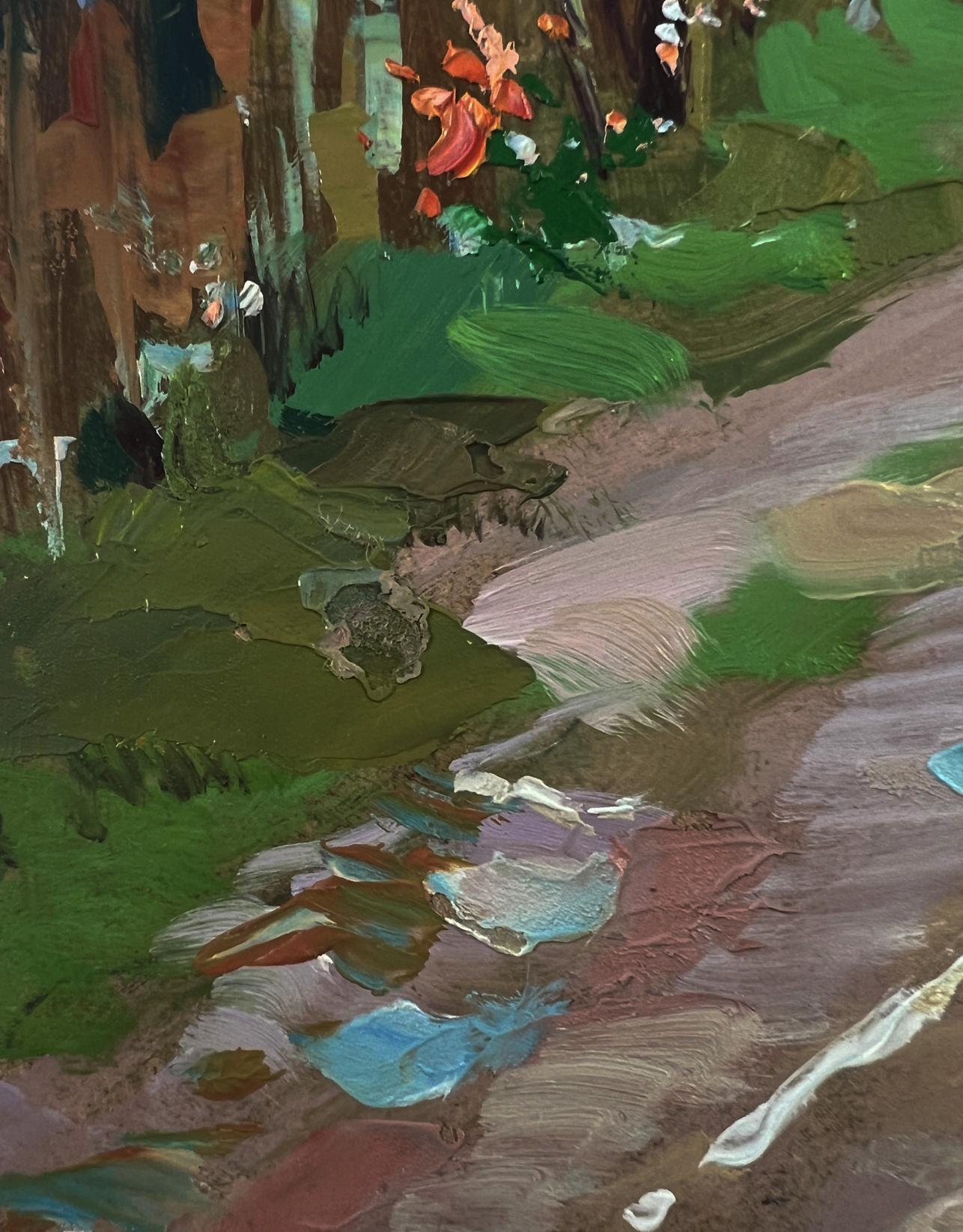 Oil painting of geese in village by Yuriy Suprunchuk with lush green foliage