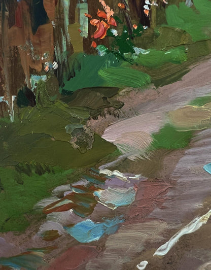 Oil painting of geese in village by Yuriy Suprunchuk with lush green foliage