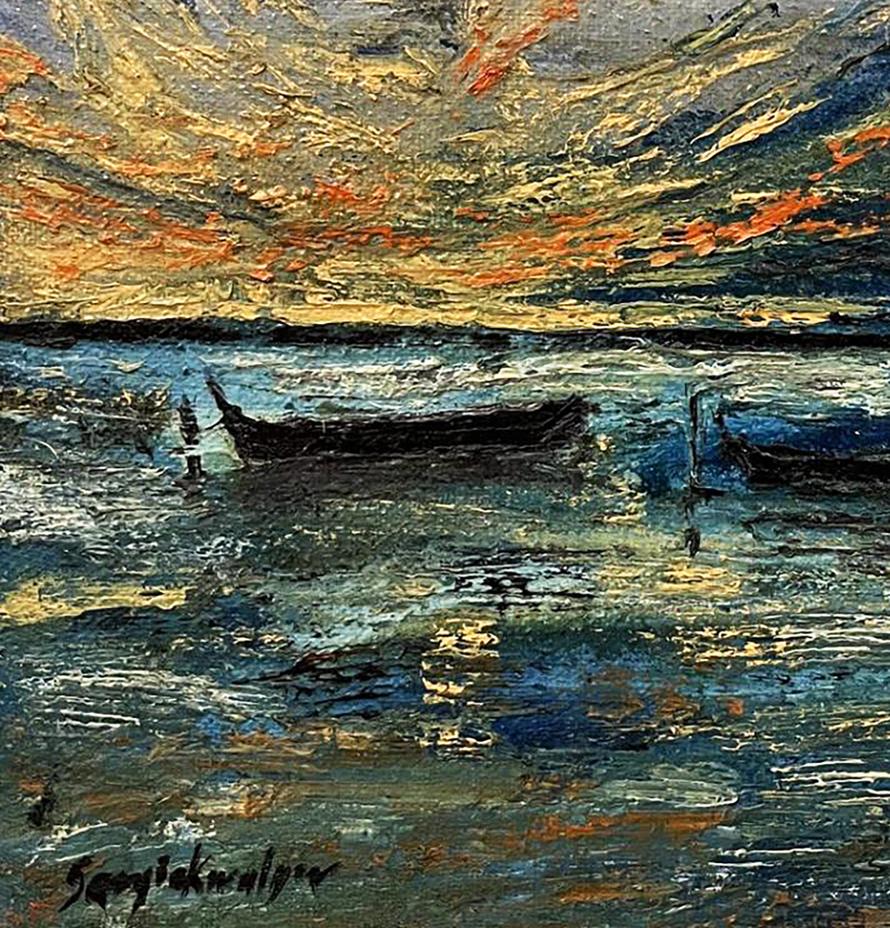 Oil painting Boats in the Sea by Serhiy Kovalev dark boat on textured water vibrant sky