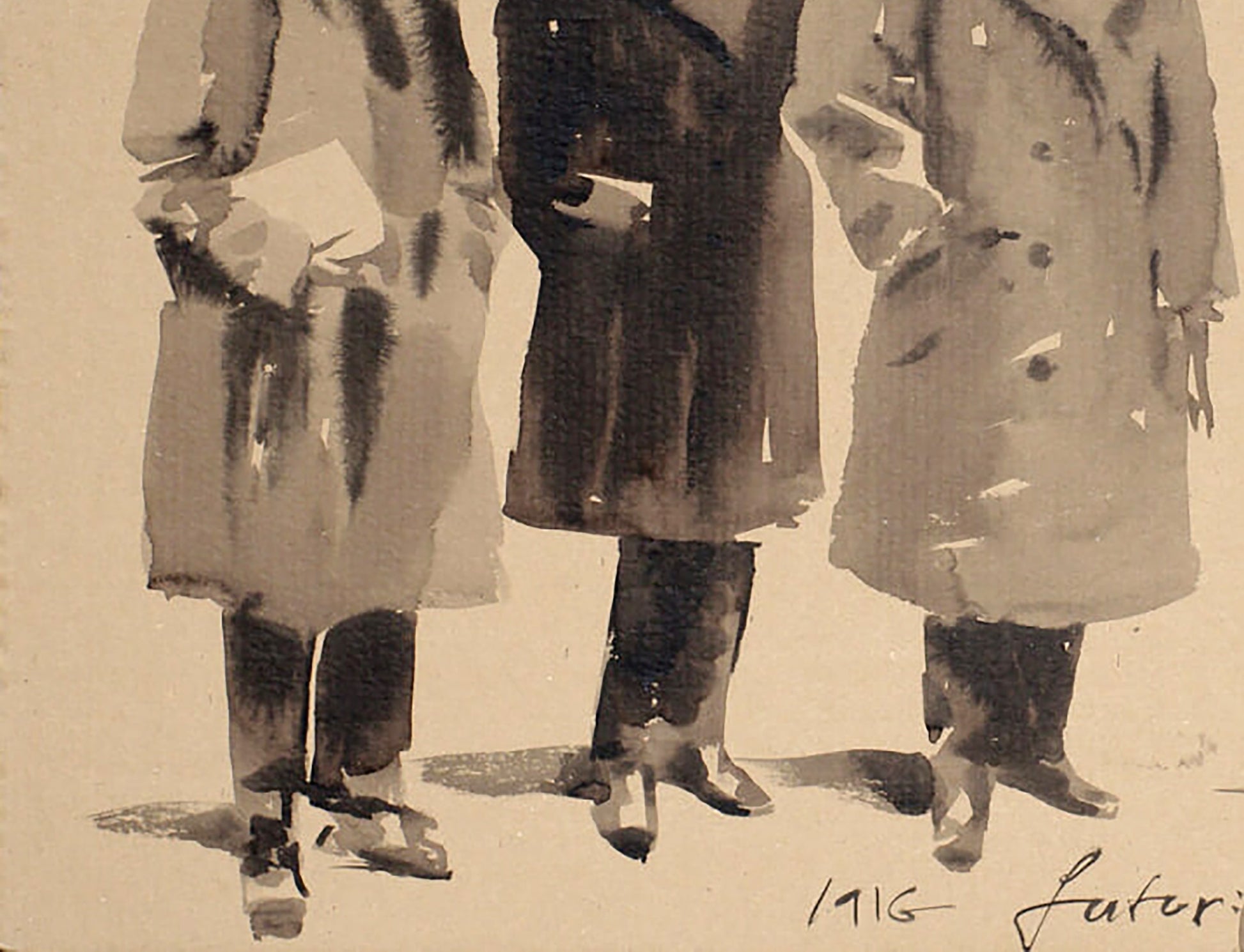 Watercolor of Italian Futurists in Paris trench coats by Dima Filatov