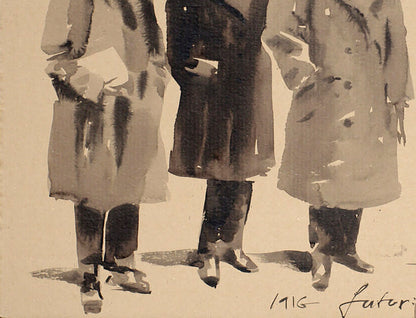 Watercolor of Italian Futurists in Paris trench coats by Dima Filatov