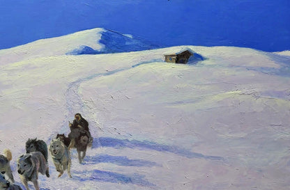 Oil painting of sledding in snowy mountains by Boris Serdyuk