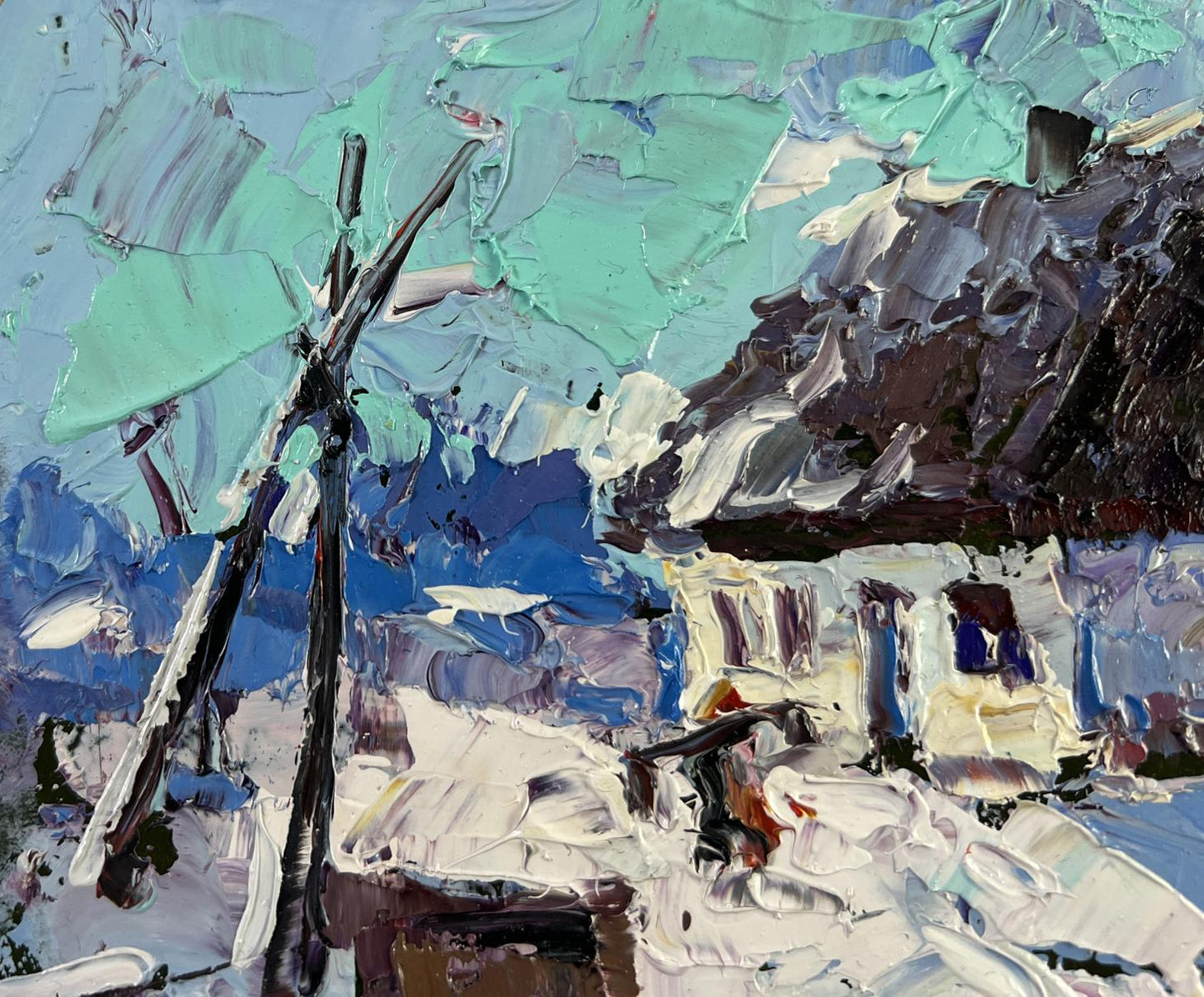 Impasto oil painting The house sleeps in the snow by Oksana Ivanyuk