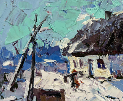 Impasto oil painting The house sleeps in the snow by Oksana Ivanyuk