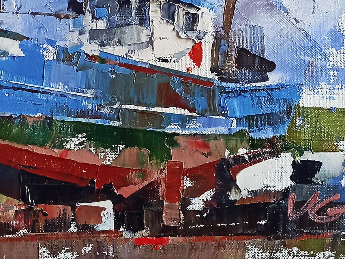 Vibrant oil painting of ship at sea by Volodymyr Gluhomanyuk