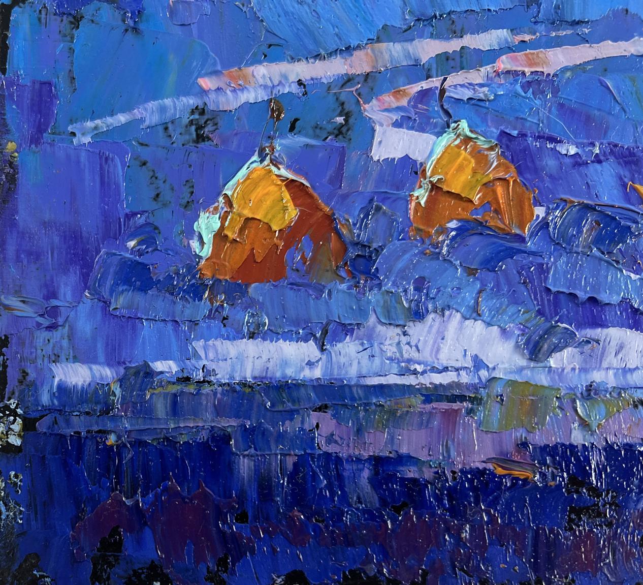 Oil painting of vibrant orange pears on blue canvas by Oksana Ivanyuk