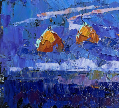 Oil painting of vibrant orange pears on blue canvas by Oksana Ivanyuk