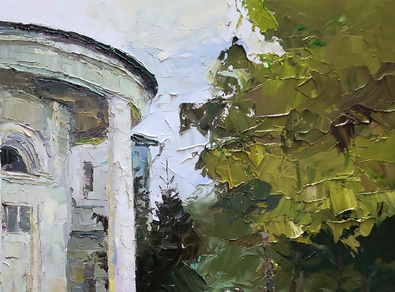 Oil painting of White administration building by Boris Serdyuk with green foliage