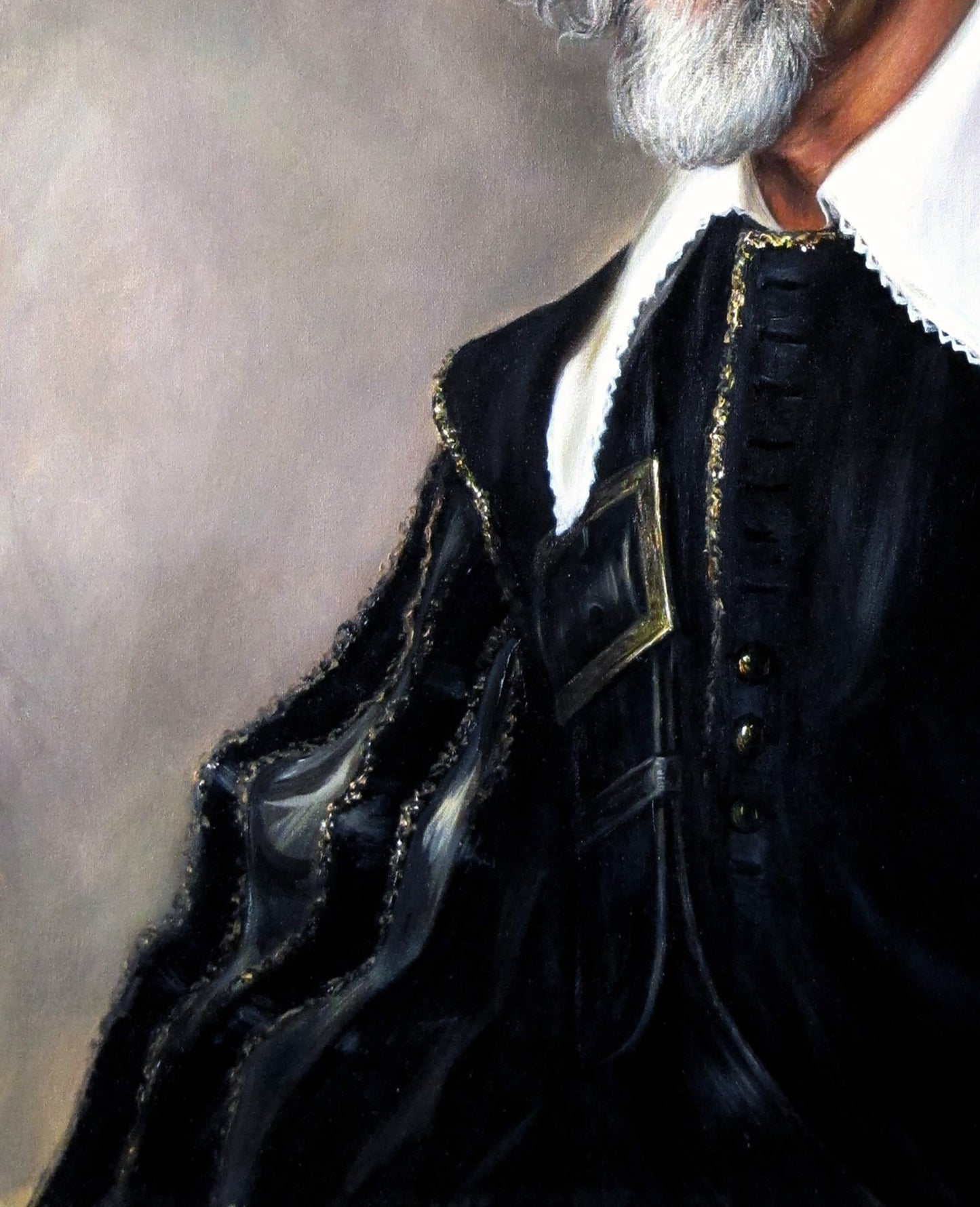Black velvet doublet with gold trim in Valeriy Bulat oil painting