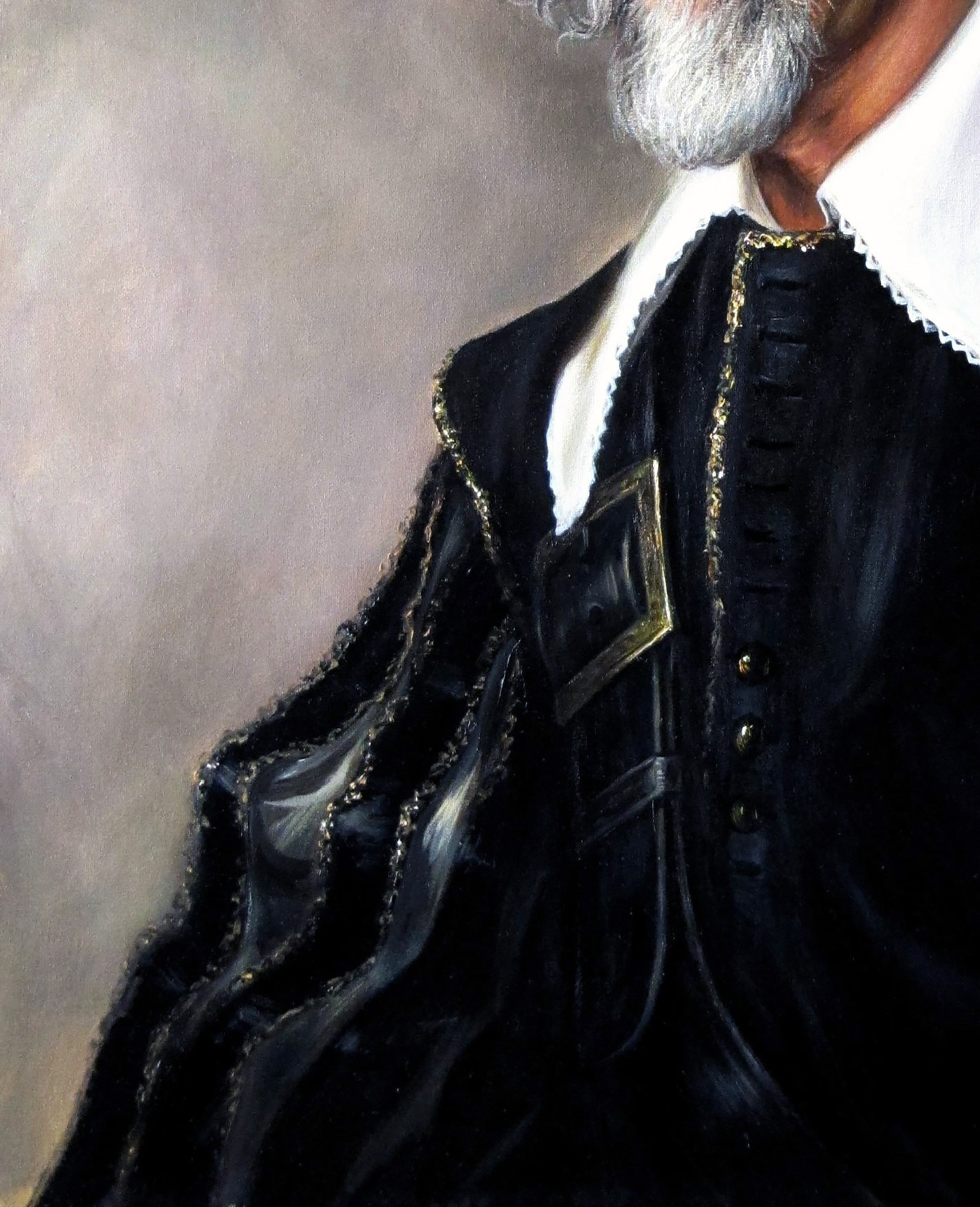 Black velvet doublet with gold trim in Valeriy Bulat oil painting