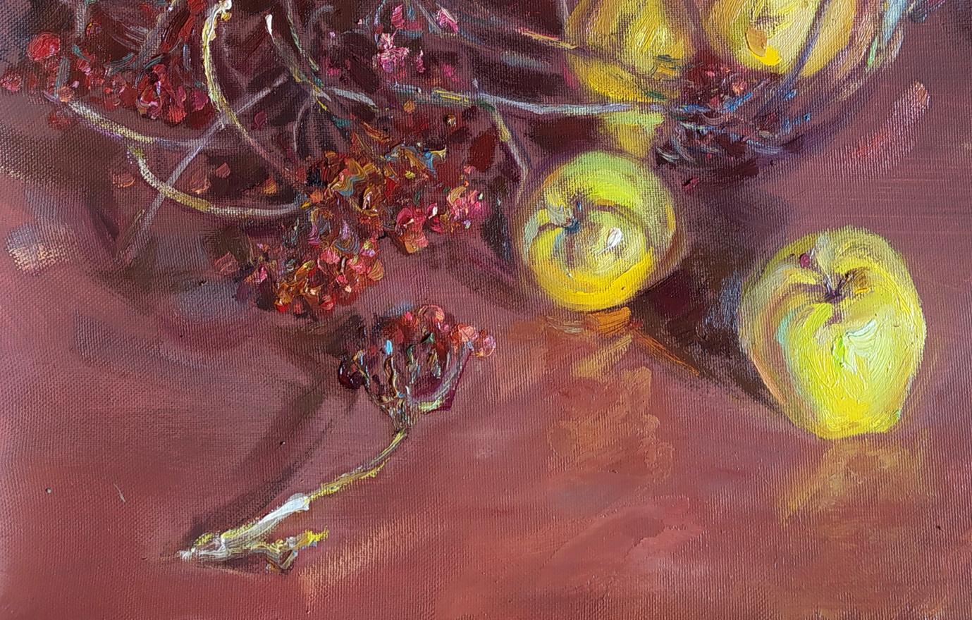 Oil painting Forgotten Fruits by Leonid Pavlenko: yellow apples, red berries