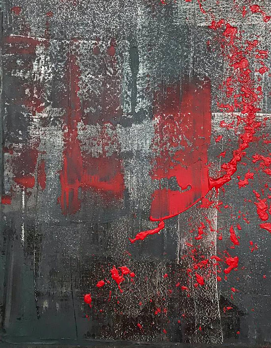 Acrylic painting Night melody by Olga Melezhik, bold red splatters on gray