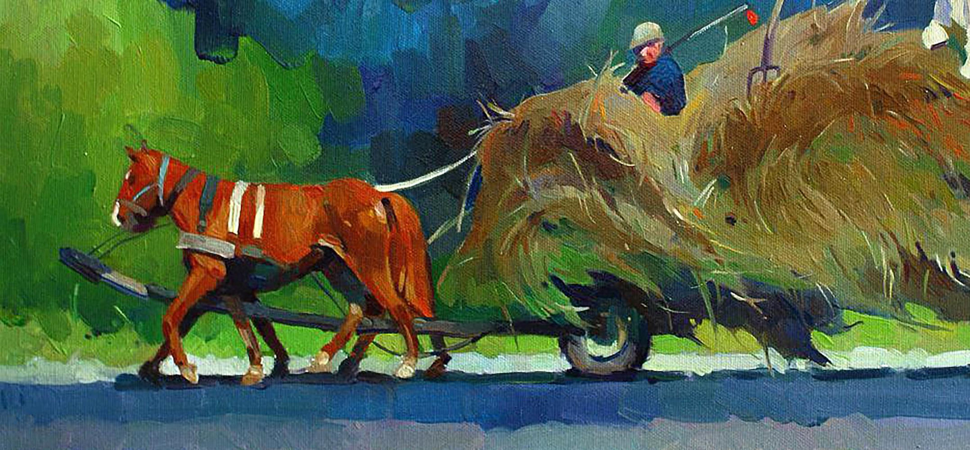 Oil painting by Anastasia Yaroshevich: reddish-brown horse pulling hay cart