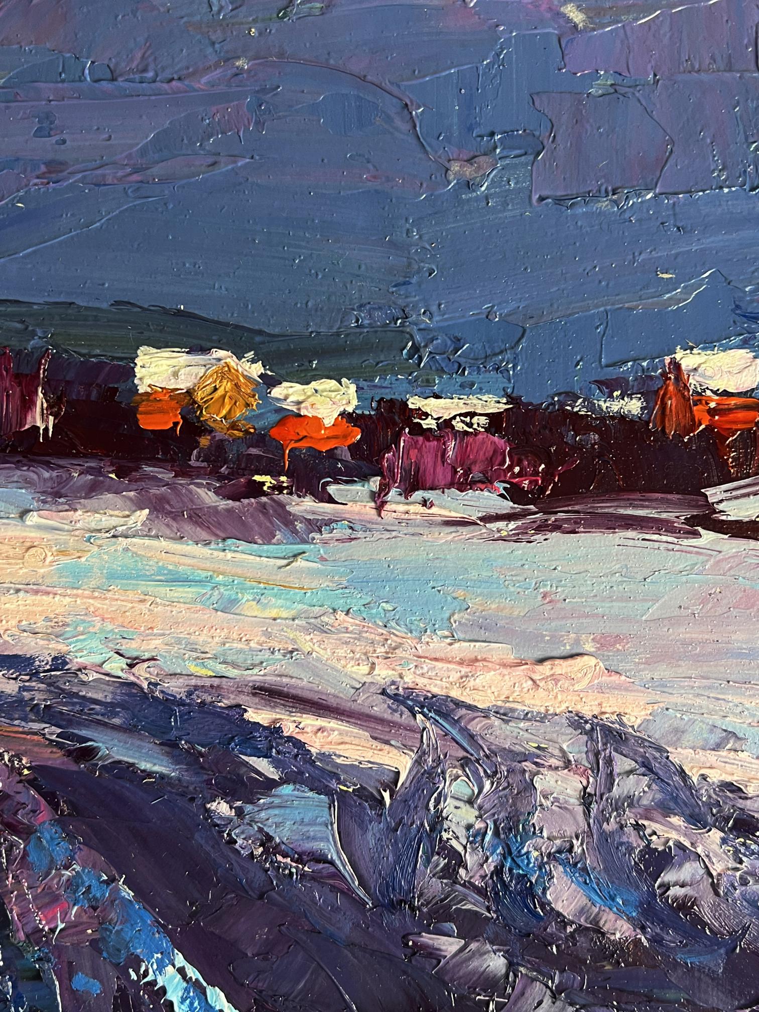 Oil painting Winter evening by Boris Serdyuk, textured blues and oranges