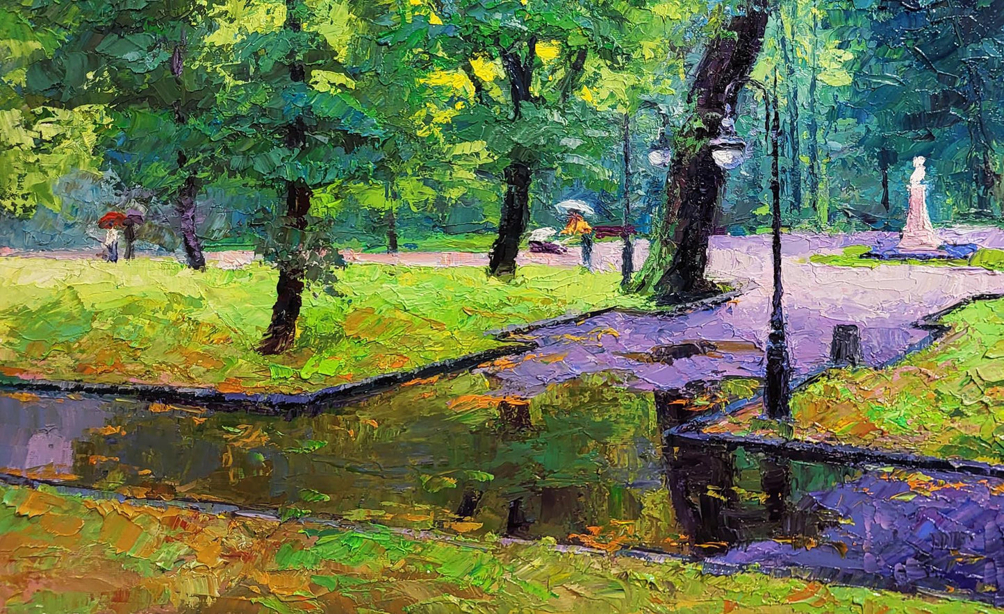 Vibrant impressionist oil painting of city park by Boris Serdyuk