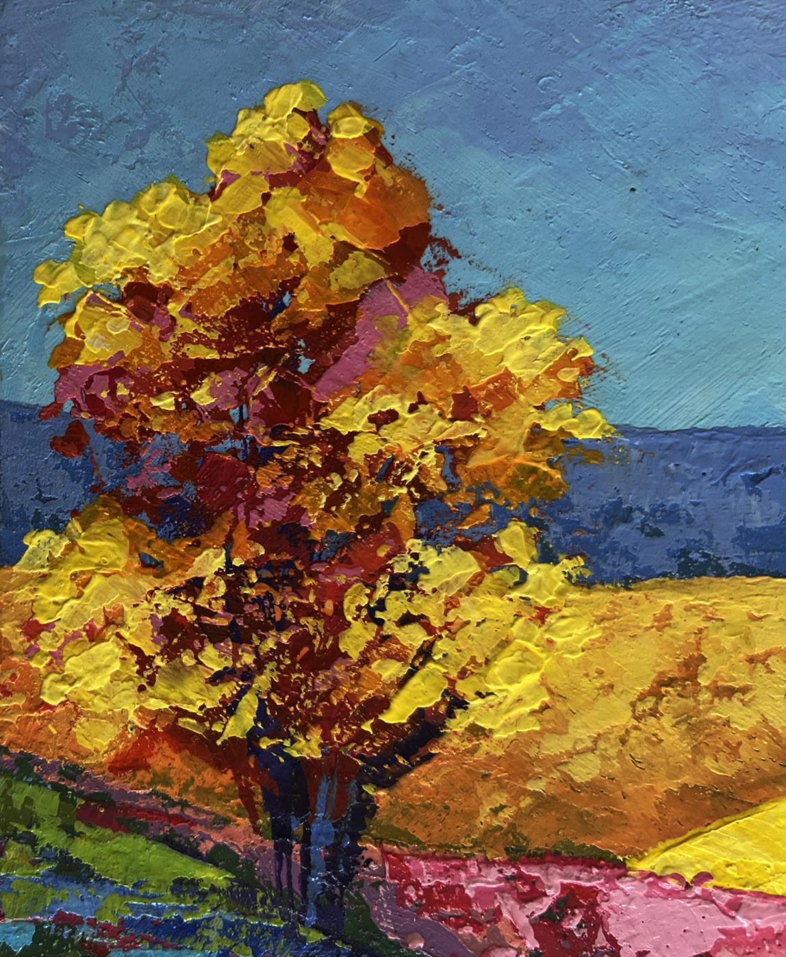 Vibrant oil painting of two trees in field with yellow orange leaves by V. Zadorozhnya