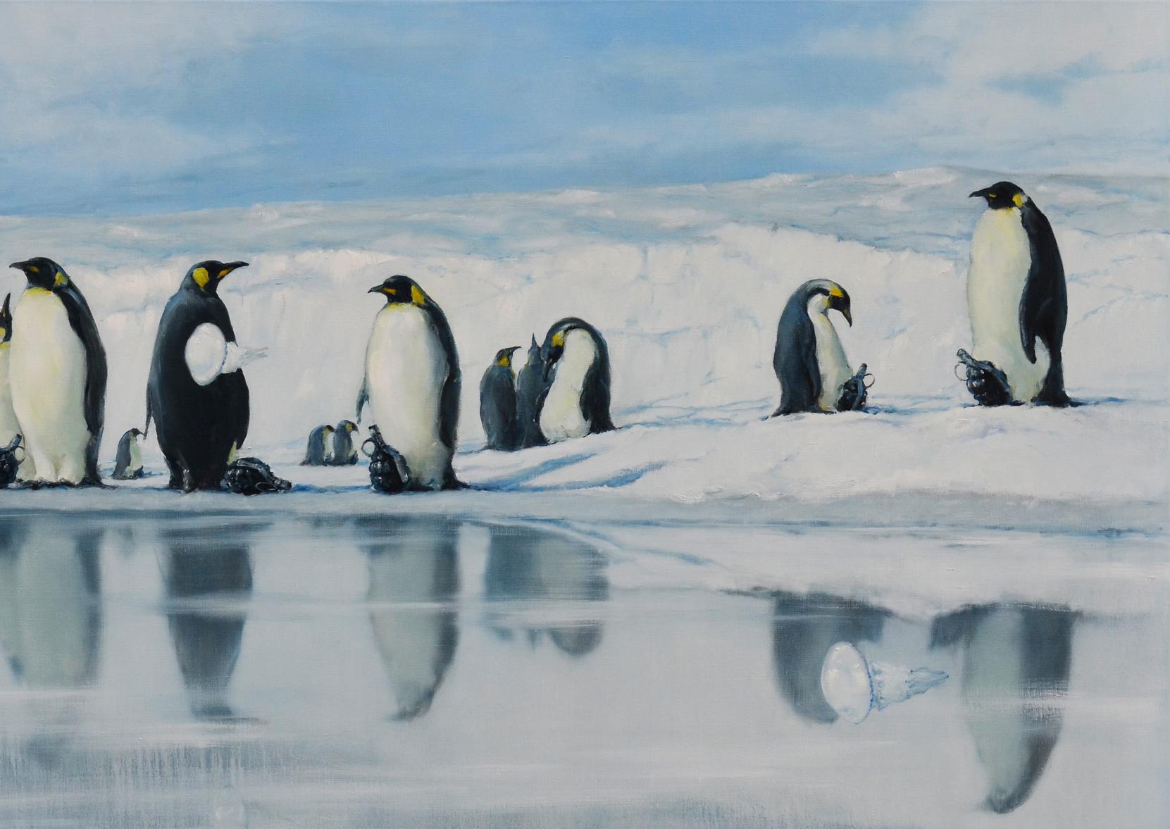 Oil painting of black-and-white emperor penguin colony on ice with reflections by Oleg Kateryniuk