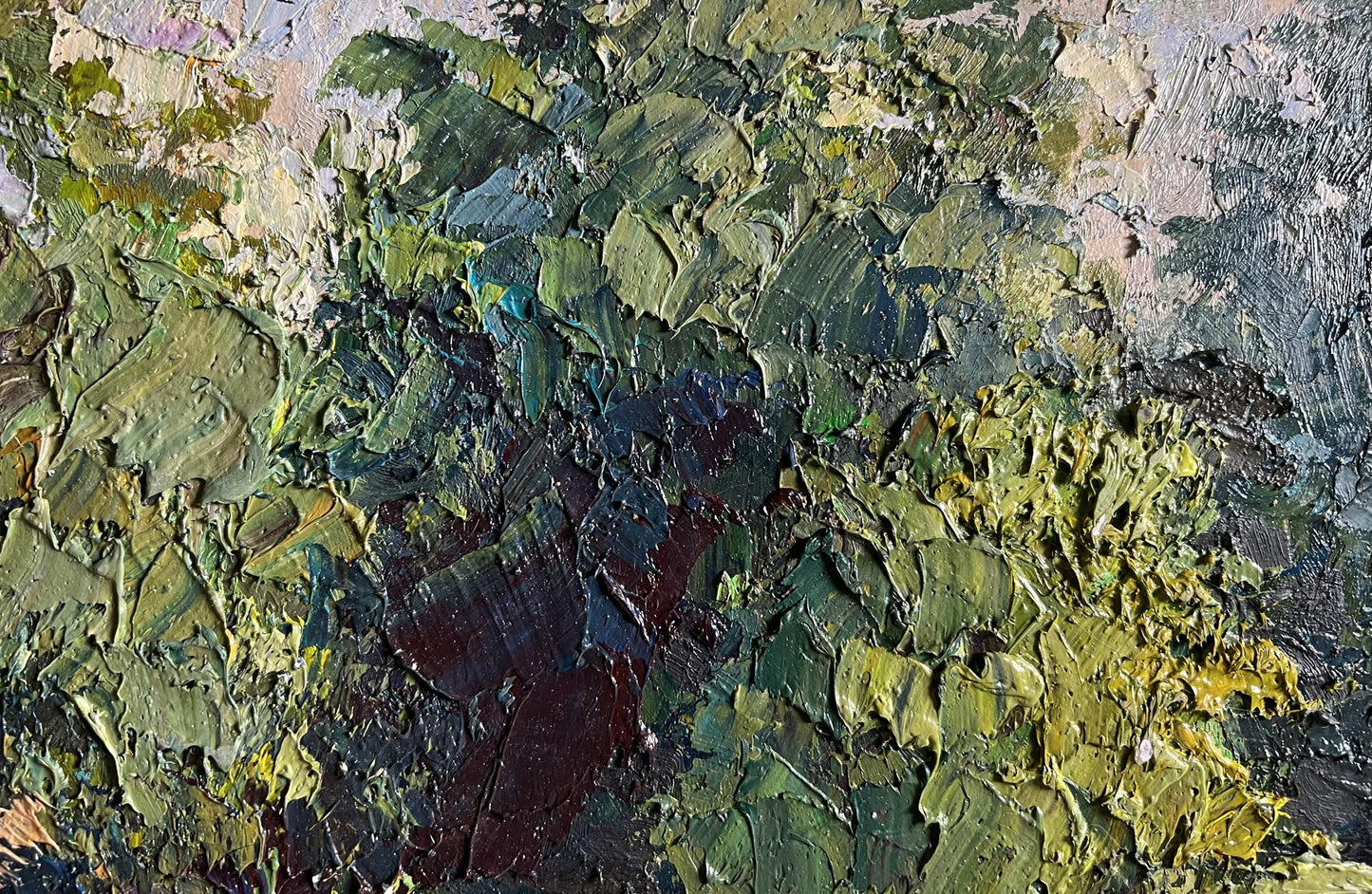 Oil painting In the forest pond by Boris Serdyuk with impasto green layers
