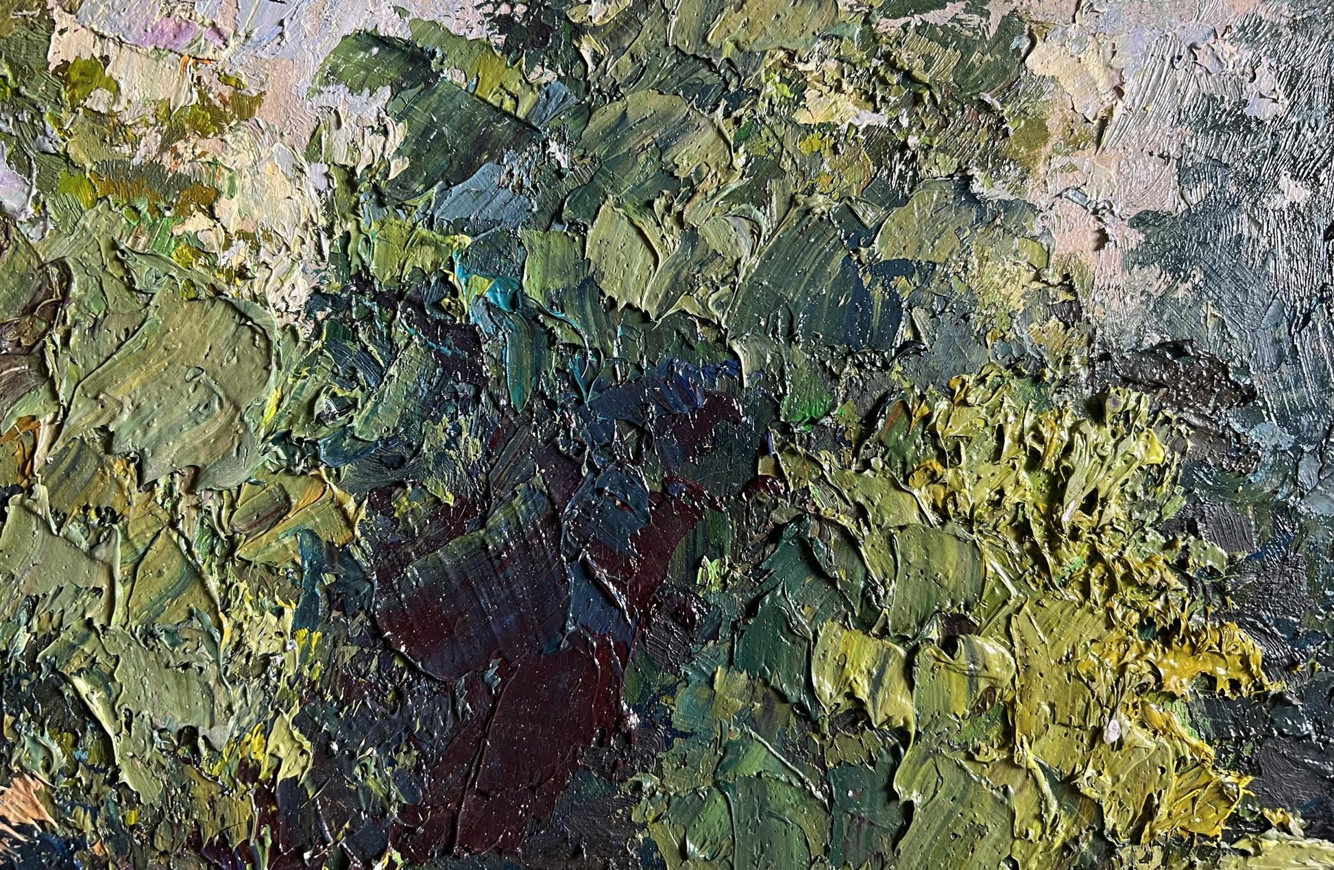 Oil painting In the forest pond by Boris Serdyuk with impasto green layers
