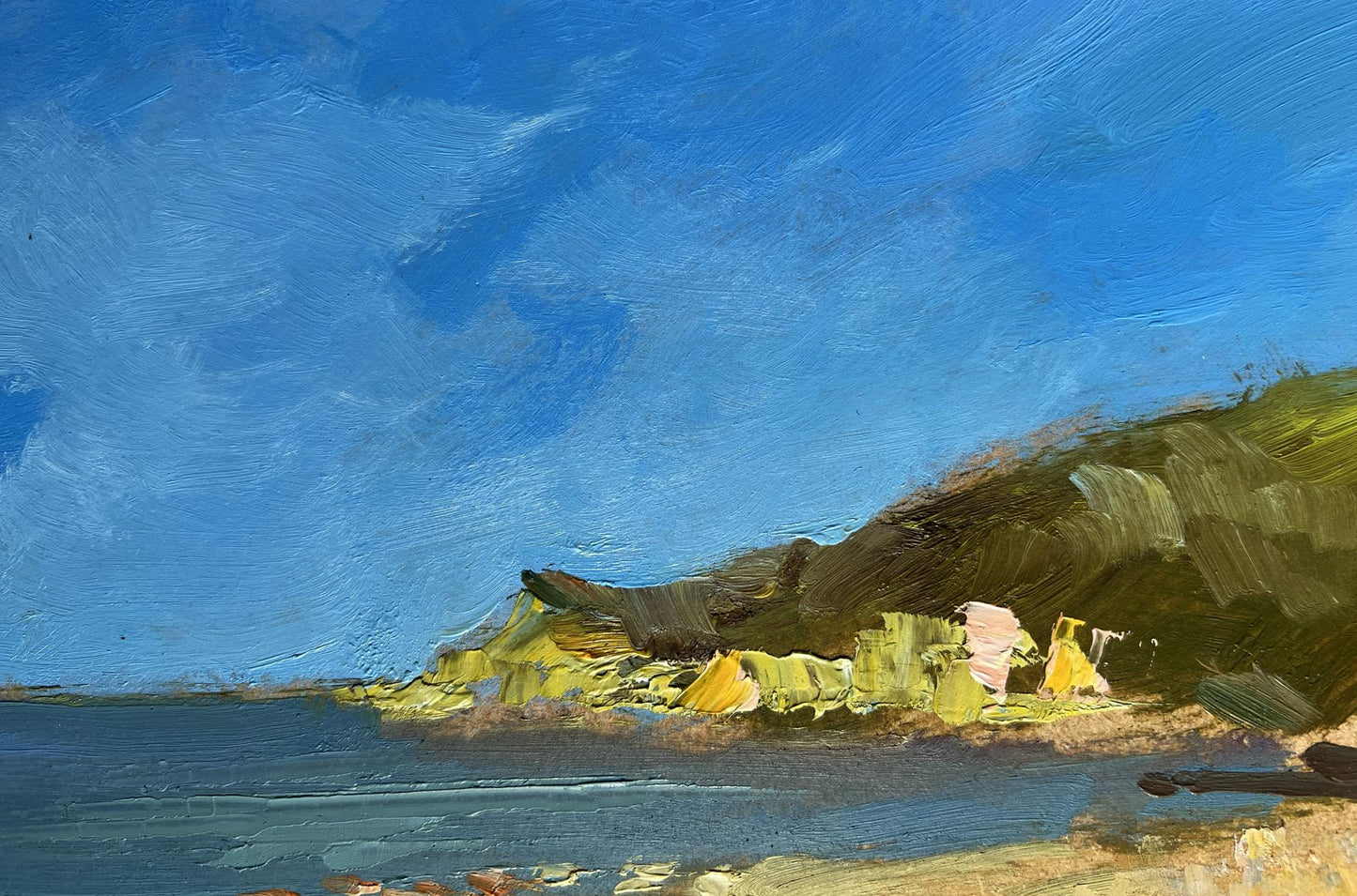 Vibrant impressionist oil painting of cloudy coastal cliffside by Yuriy Suprunchuk