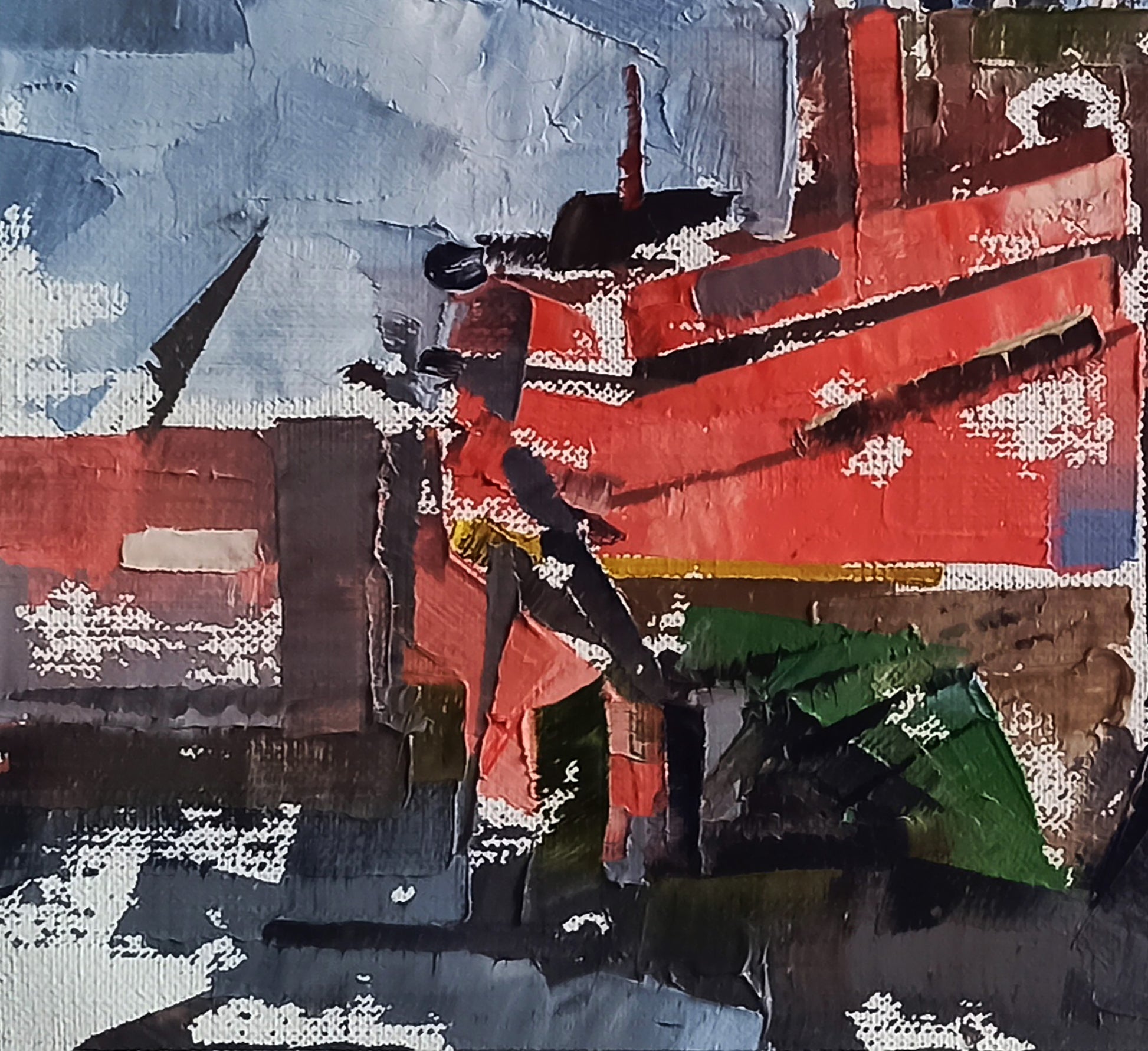 Oil painting of ships in port by Volodymyr Gluhomanyuk with bold red, black, green strokes