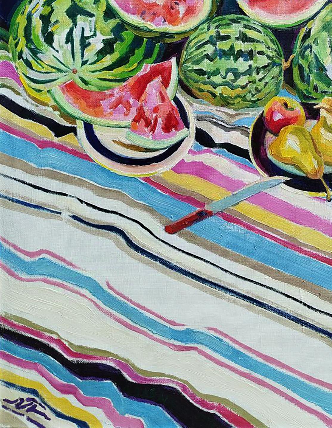 Oil painting of watermelons and pears by Leonid Pavlenko
