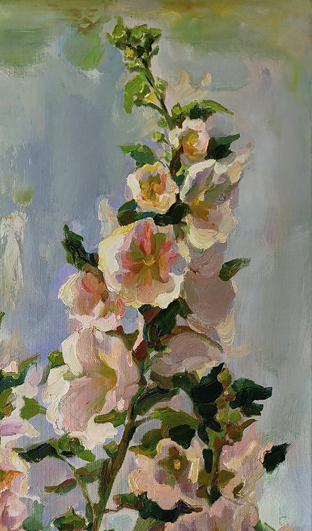 Impressionistic pink hollyhock oil painting by Leonid Pavlenko on blue background