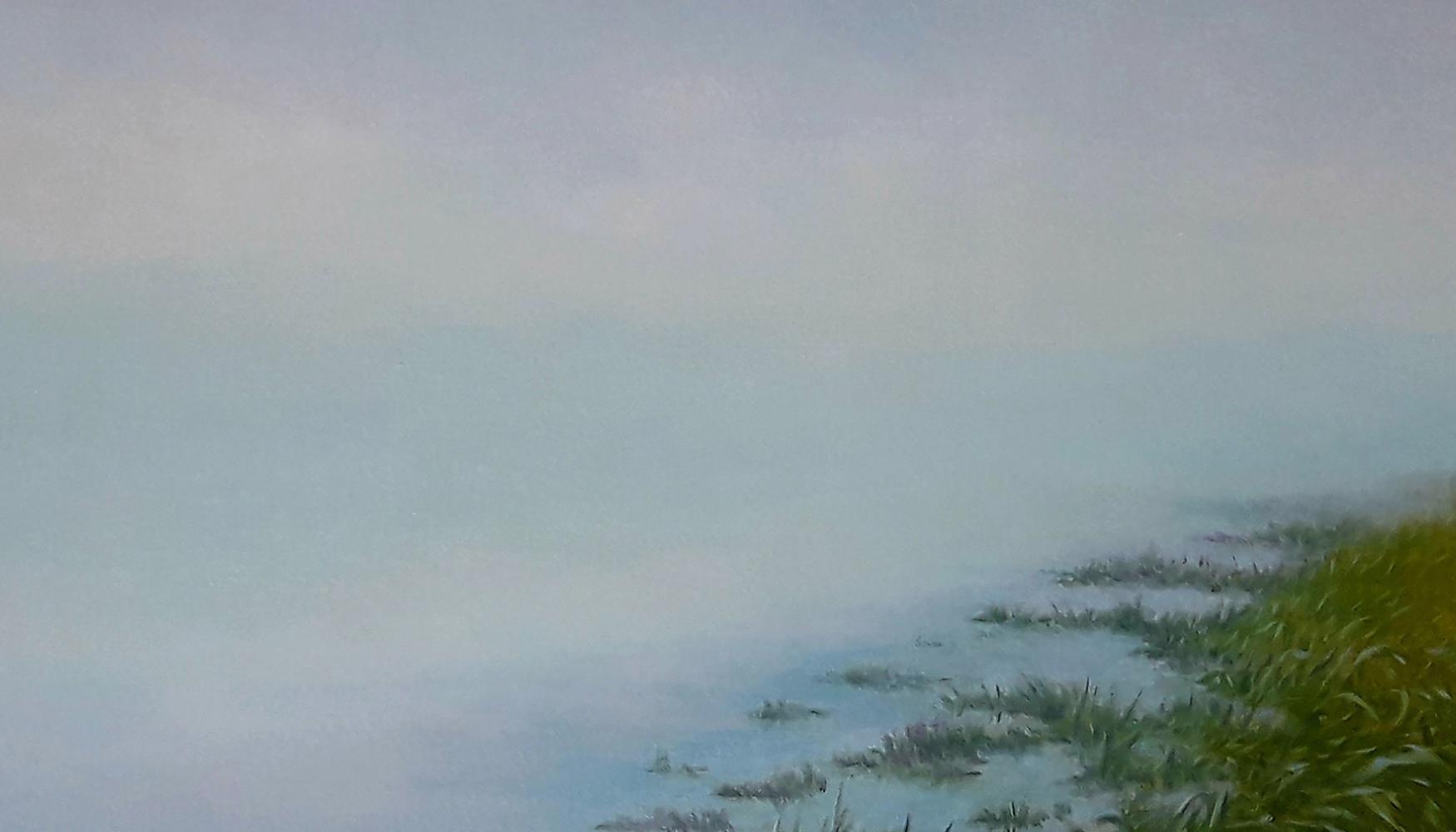 Oil painting Dawn of the River by Vasily Korkishko: misty coastal scene