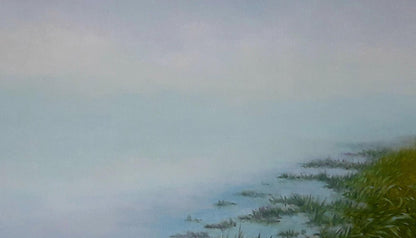 Oil painting Dawn of the River by Vasily Korkishko: misty coastal scene