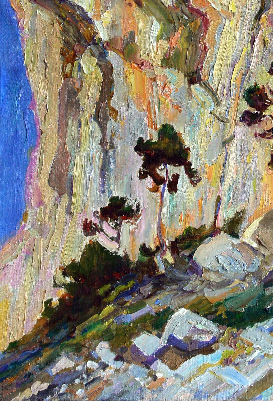 Oil painting The sun rises by Leonid Pavlenko vibrant cliffside impasto