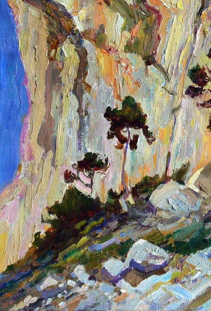 Oil painting The sun rises by Leonid Pavlenko vibrant cliffside impasto