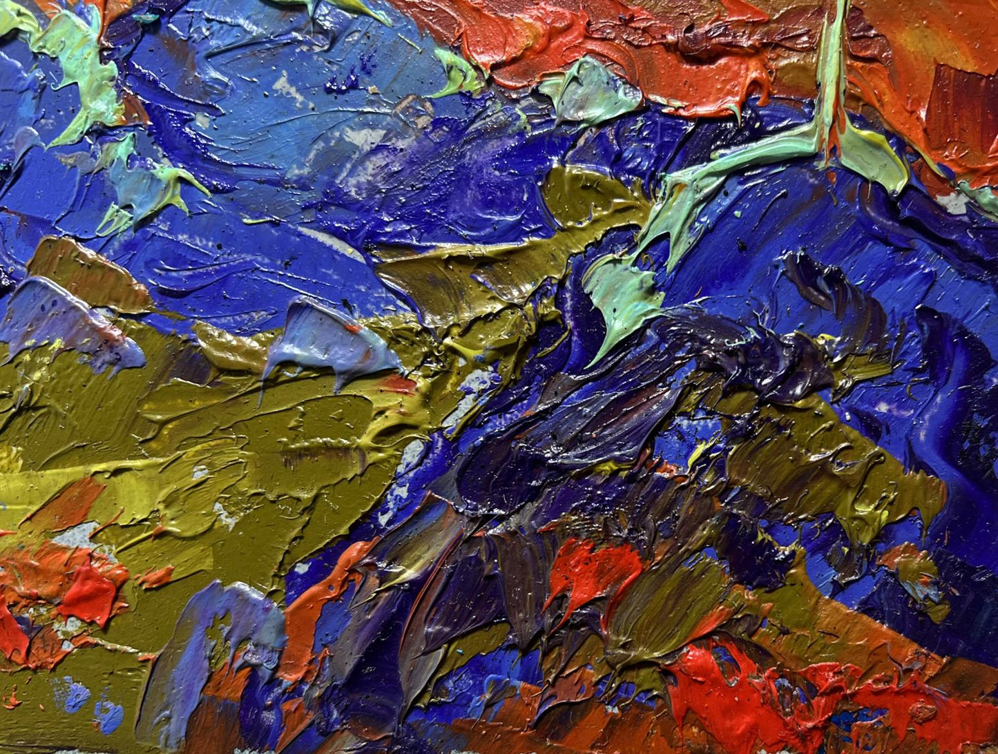 Oil painting Full moon in the field by Oleksiy Ivanyuk vibrant abstract textured blues reds greens gold