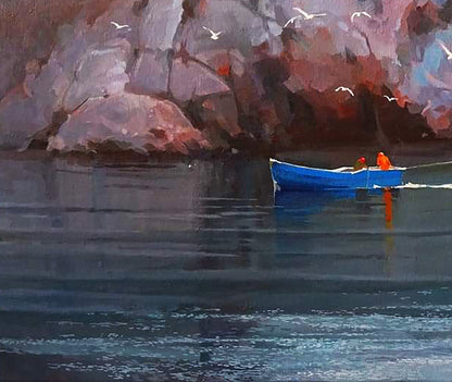Oil painting Morning at sea by Anastasia Yaroshevich: blue rowboat on calm water