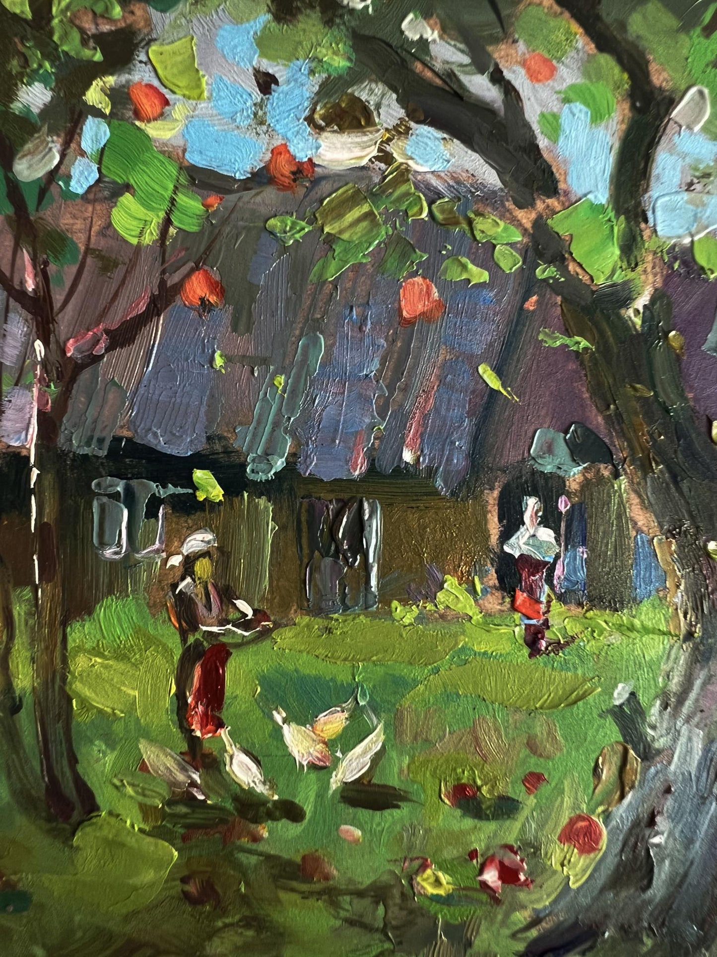 Oil painting of rustic wooden house by Yuriy Suprunchuk with dark roof and green foliage