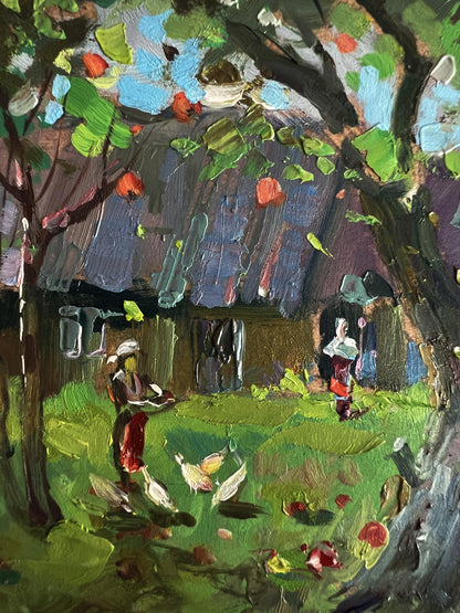 Oil painting of rustic wooden house by Yuriy Suprunchuk with dark roof and green foliage