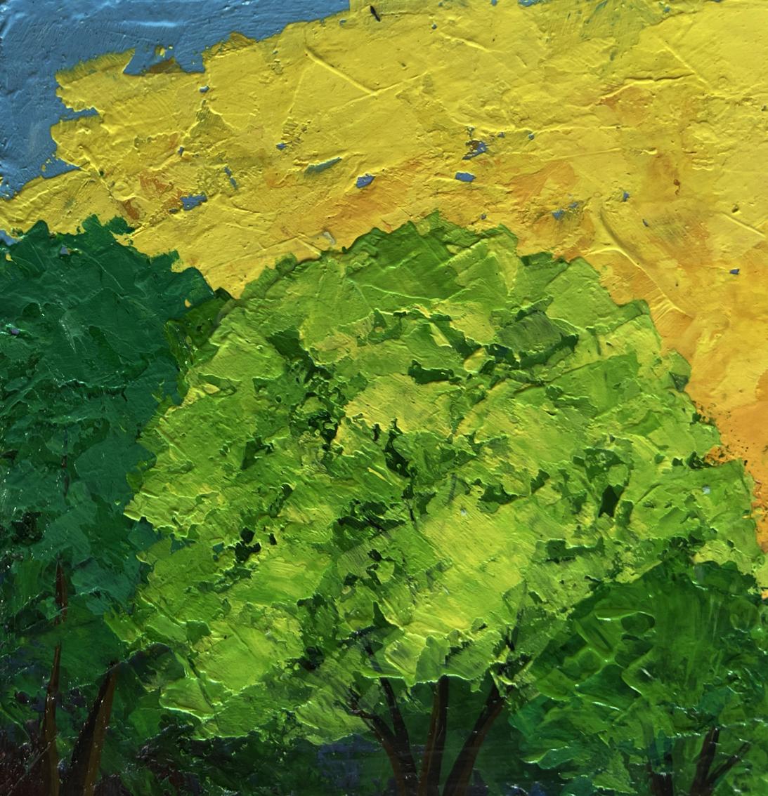 Vibrant oil painting of lush green tree in field by V. Zadorozhnya, warm summer evening