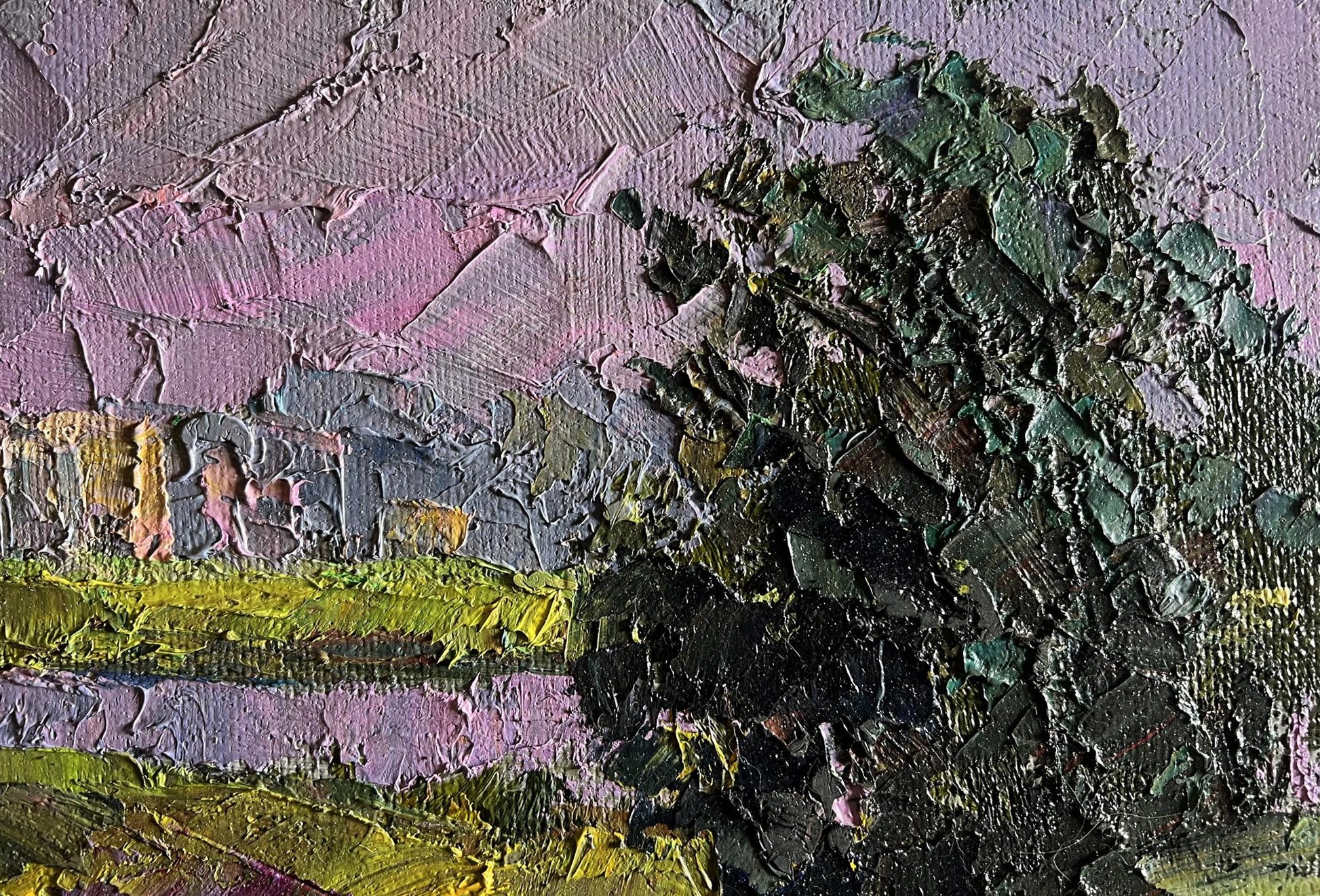 Oil painting Natural meadow by Boris Serdyuk with pink green gray impasto