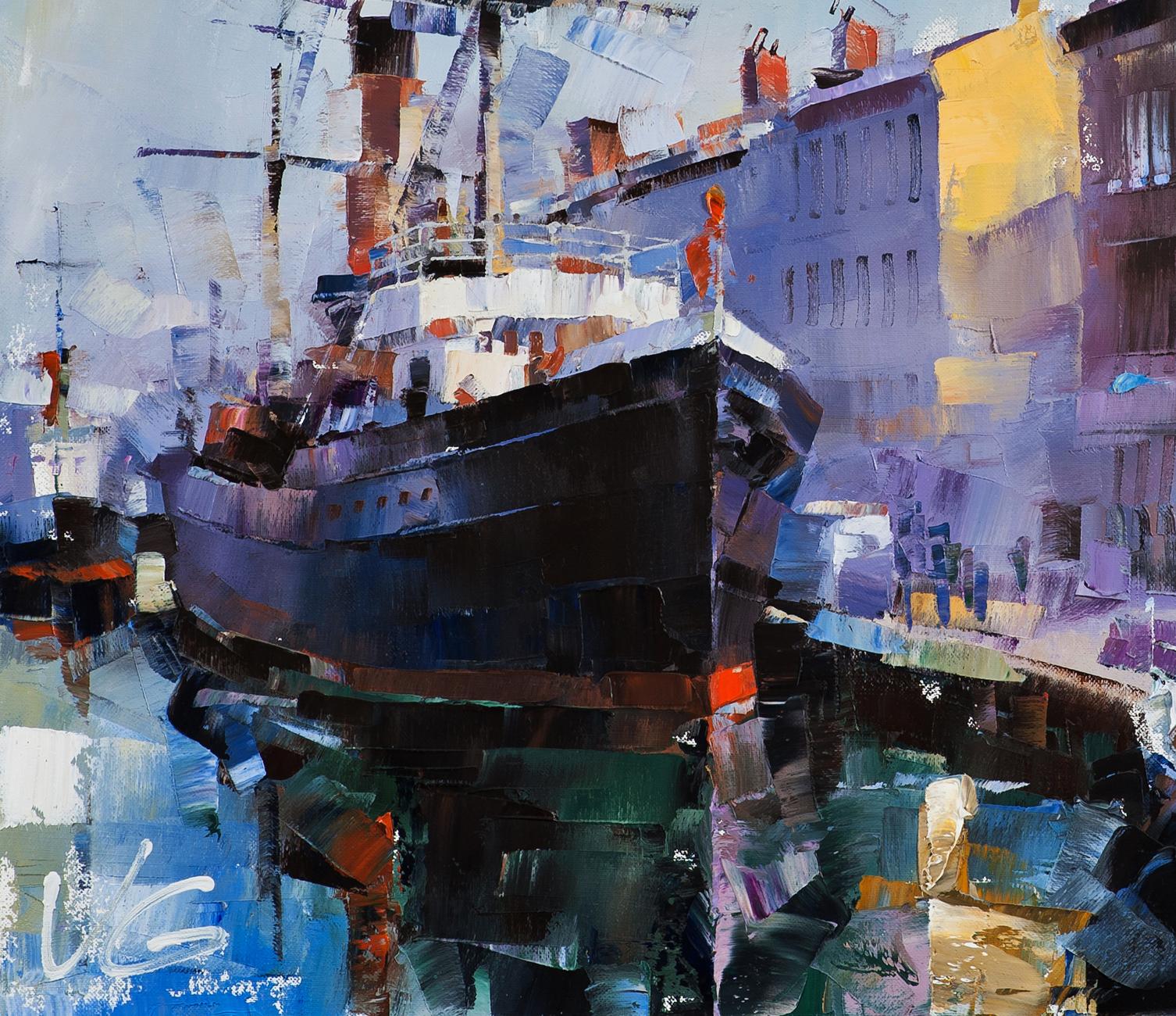 Oil painting Morning Breath by Volodymyr Gluhomanyuk, dark ship abstract