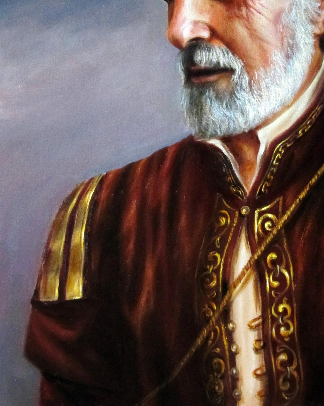 Oil painting of The Merchant of Venice Valeriy Bulat: maroon velvet jacket with gold embroidery